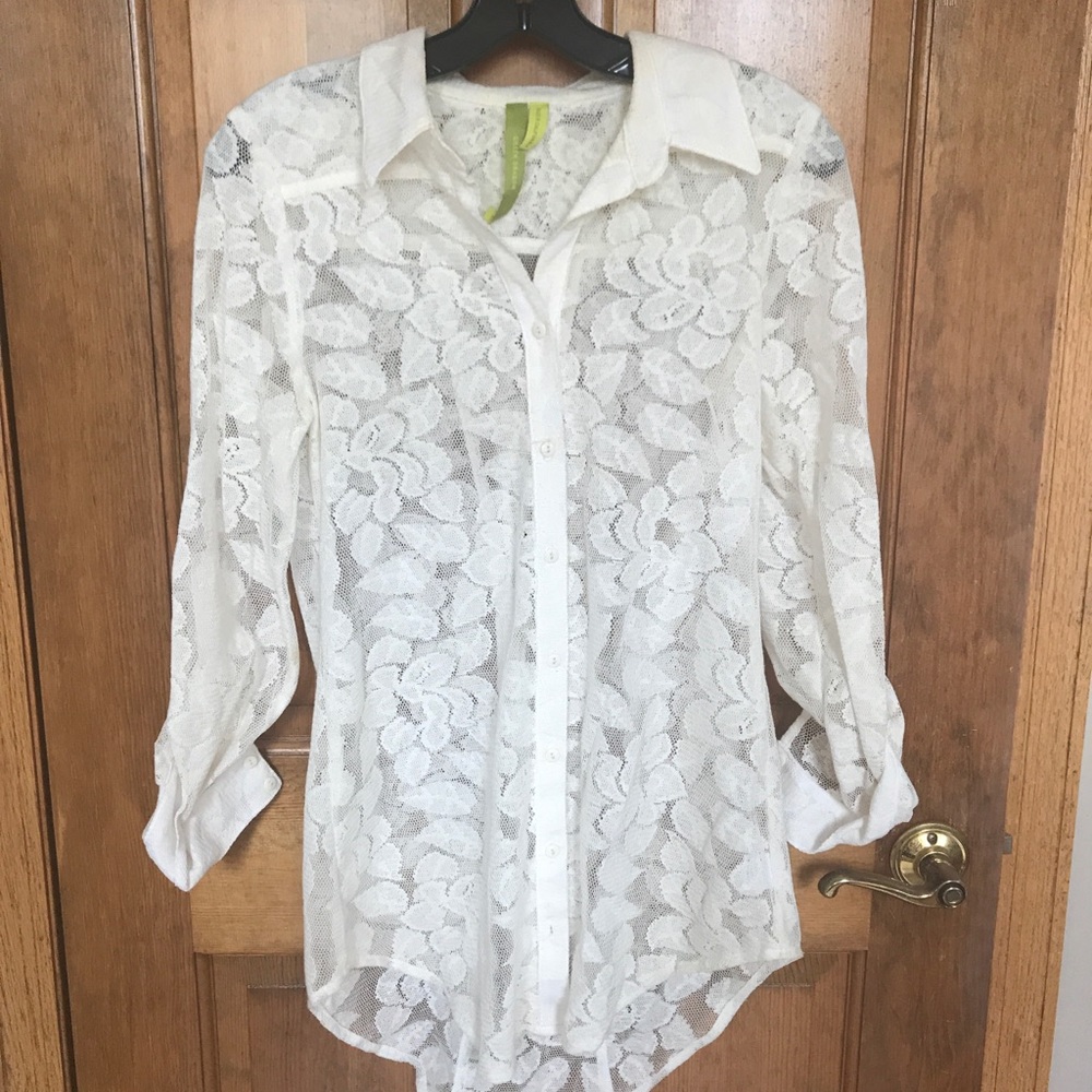 Green Dragon White Lace Sheer Button Down